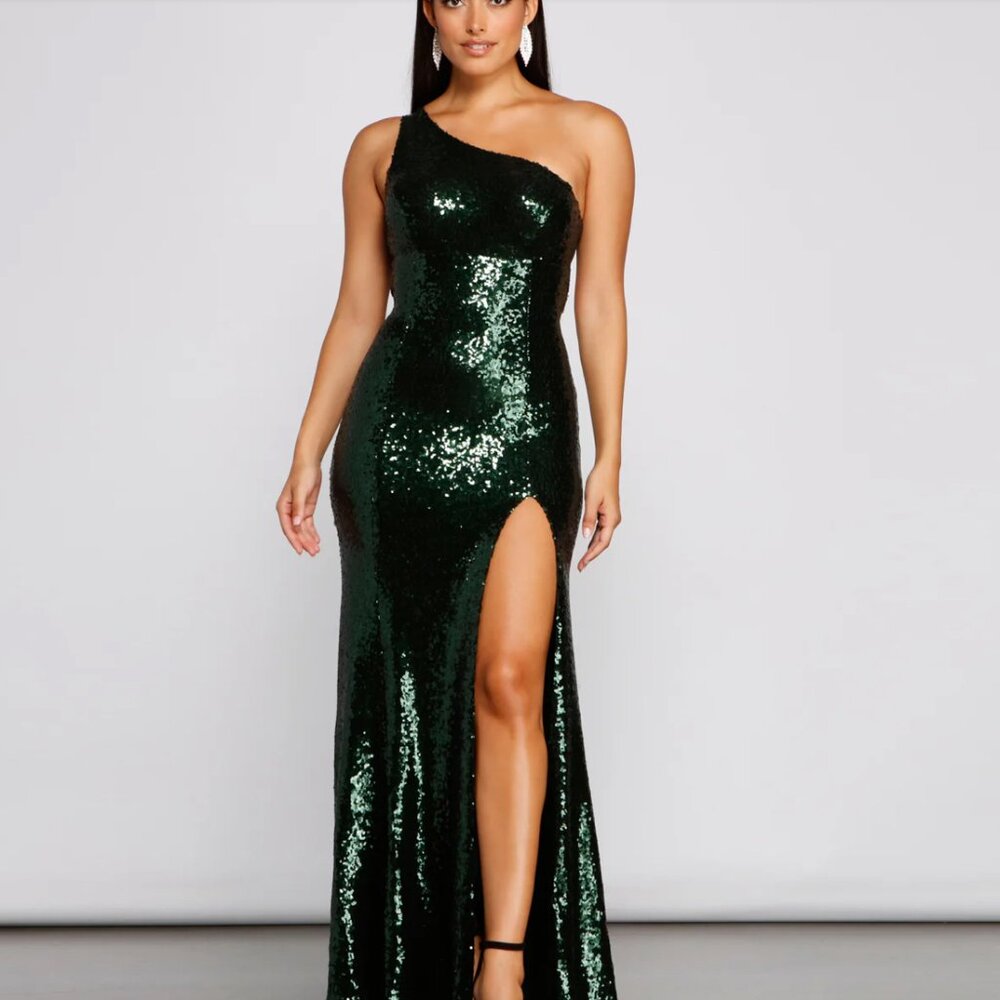 Women's Formal Dress Mermaid Sequin Windsor Dark Green front Slit XS